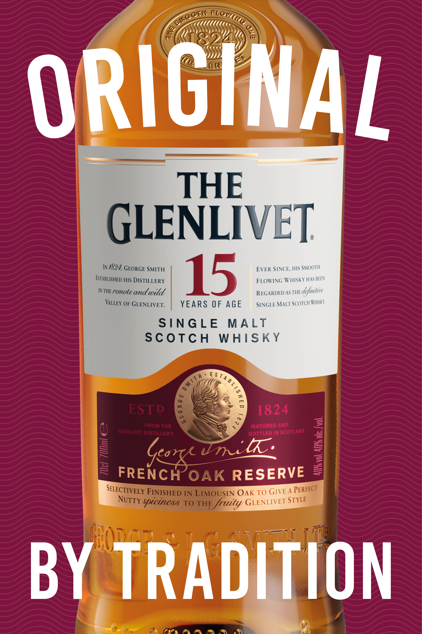 Bottle of The Glenlivet 15yo on Maroon background for "Original by Tradition" campaign by CPB London