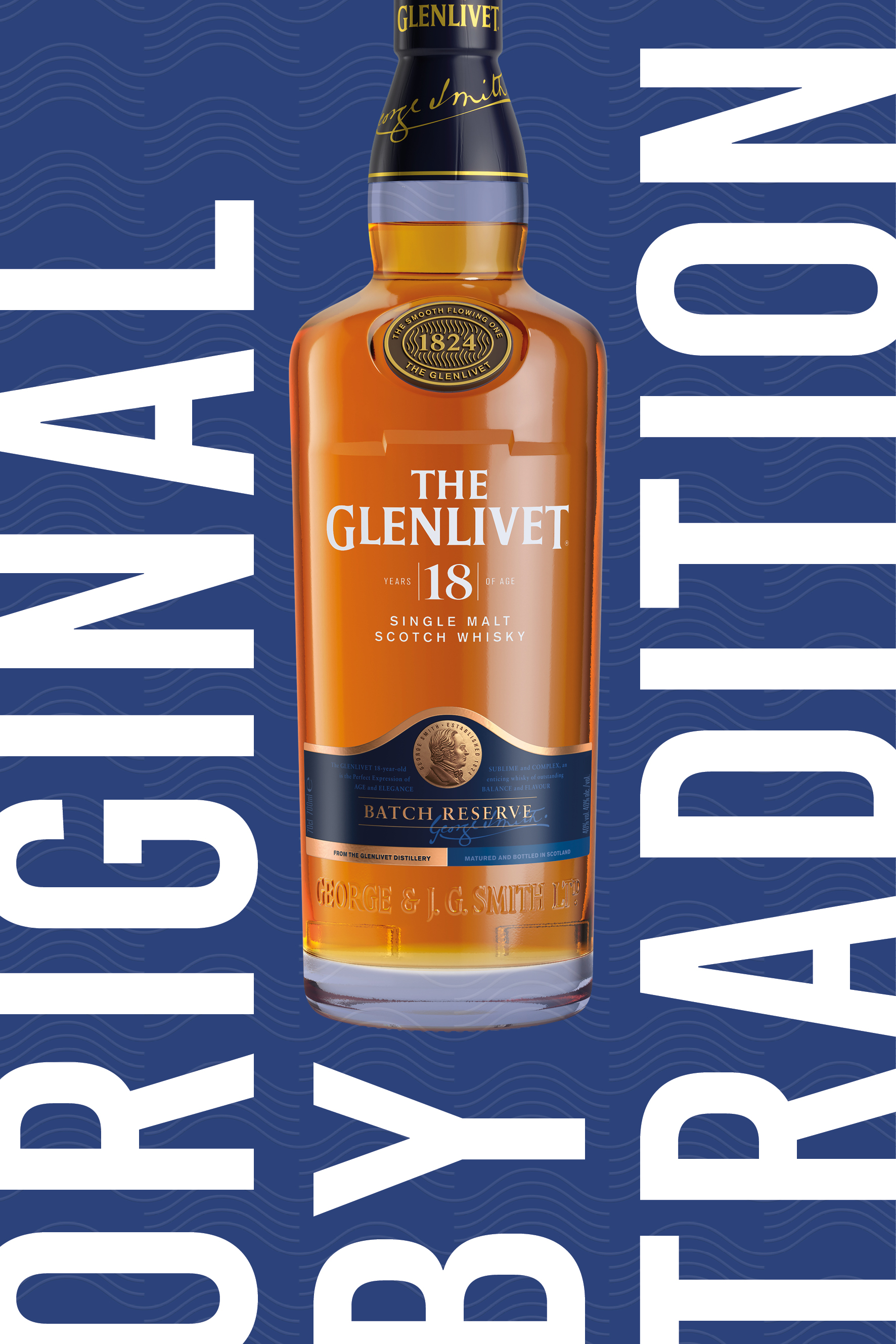 Bottle of The Glenlivet 18yo on blue background for "Original by Tradition" campaign by CPB London