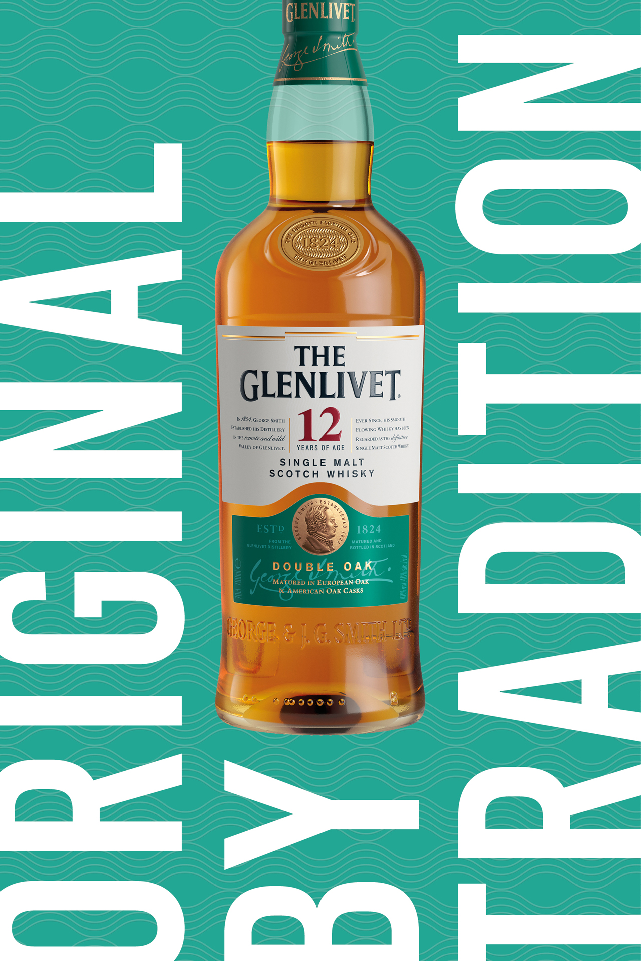 Bottle of The Glenlivet 12yo on Turqoise background "Original by Tradition" Camapaign