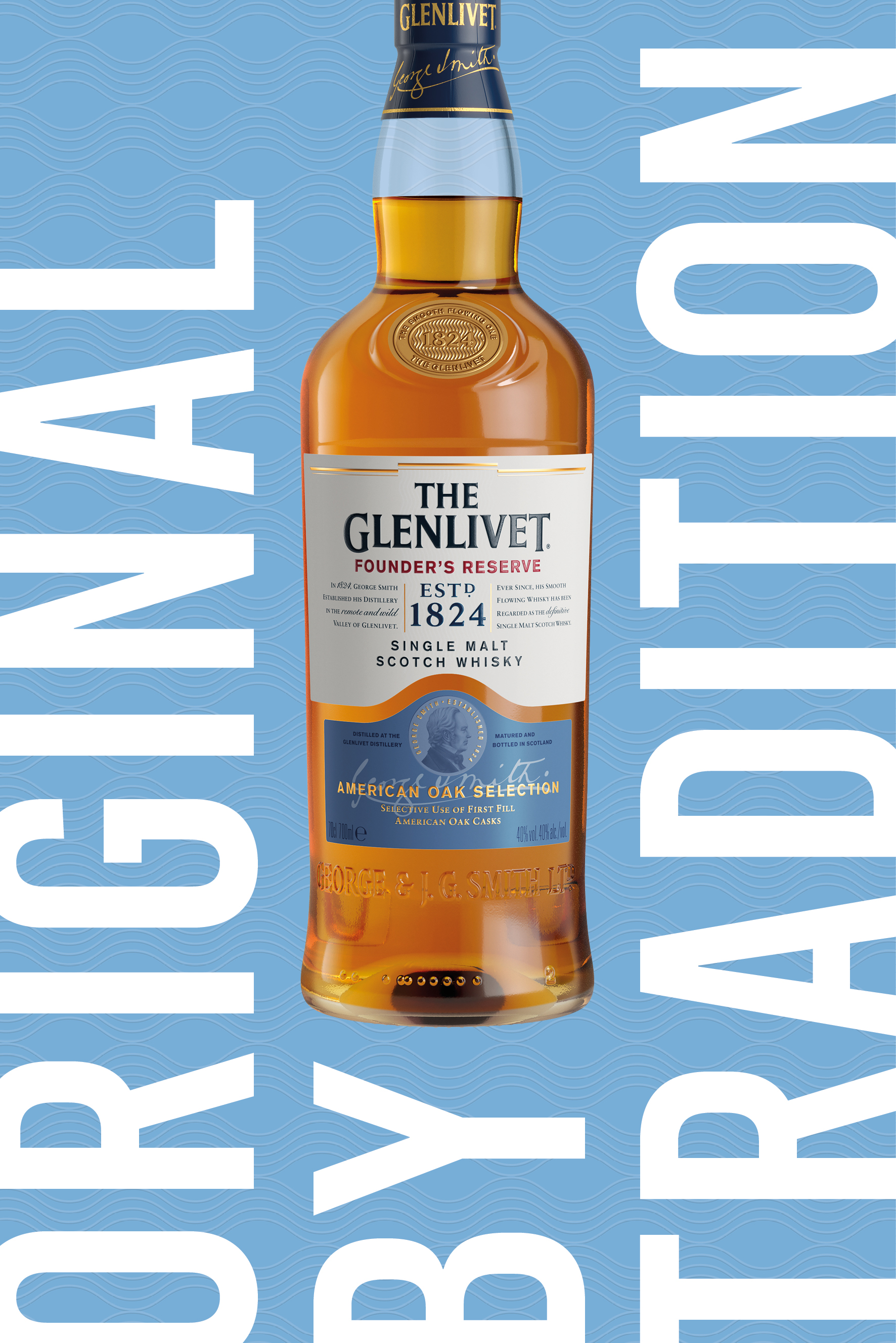 The Glenlivet Original by Tradition Founders Reserve Bottle of The Glenlivet Founders Reserve on Cyan Background "Original by Tradition" ad Campaign by CPB London