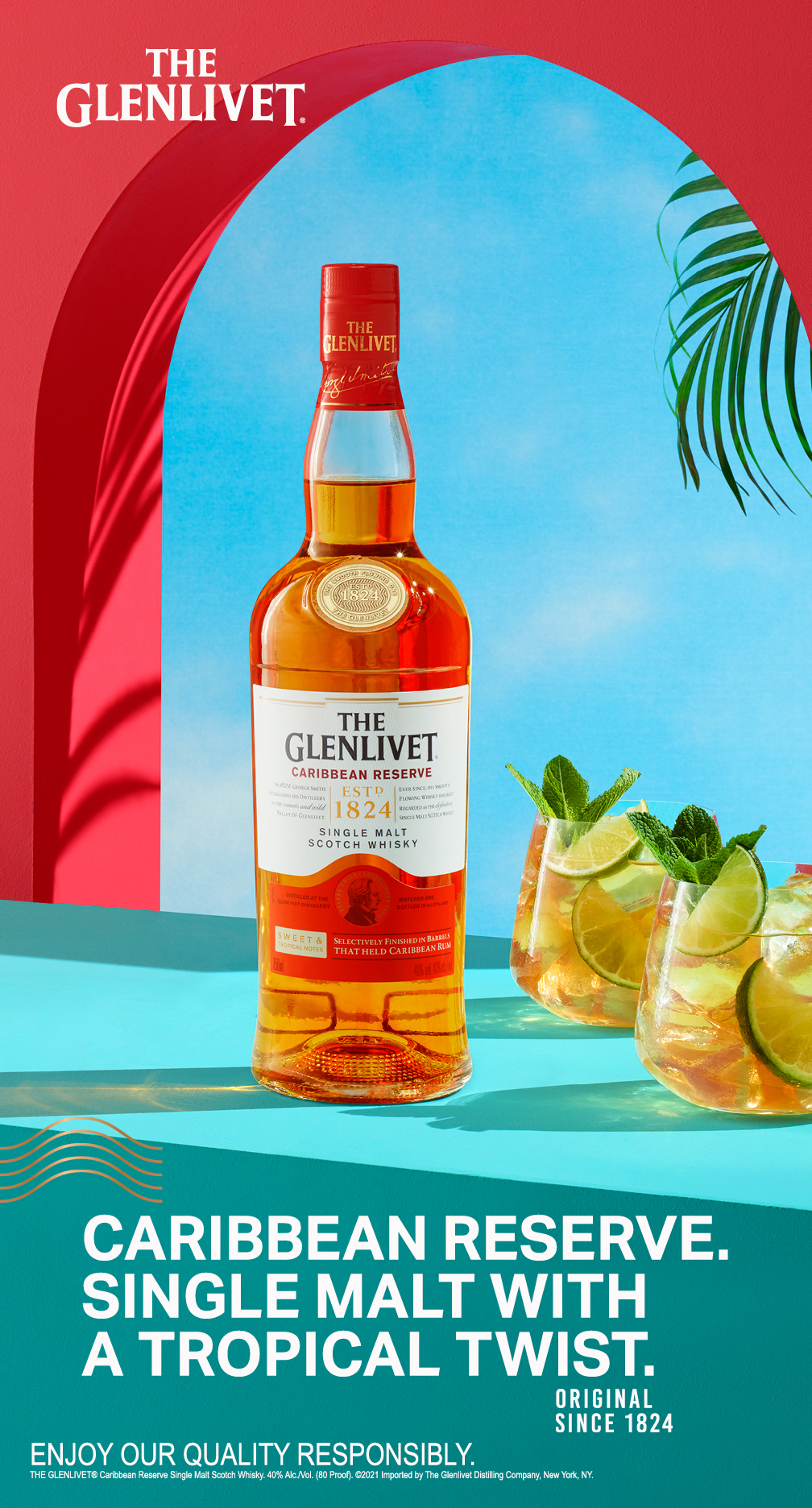 The Glenlivet Carribean reserve Bottle with 2 cocktails